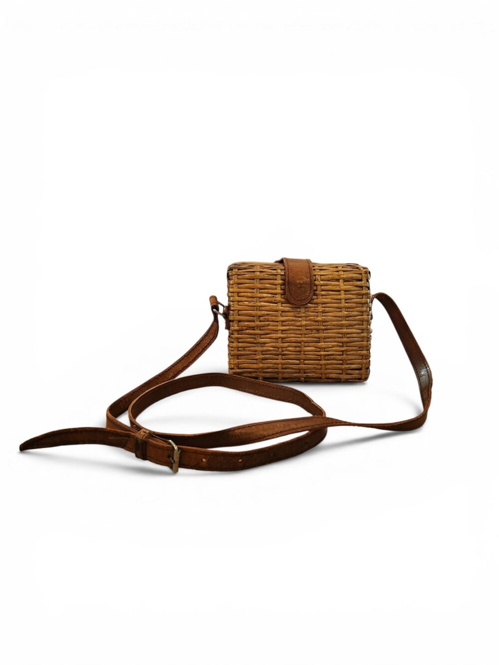 Vintage Woven Rattan Crossbody Bag in Brown Leather Straps